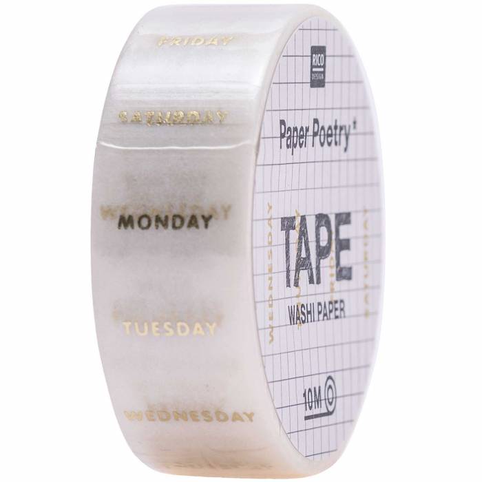 Washi tape RICO weekdays white/gold 1.5cmx10m